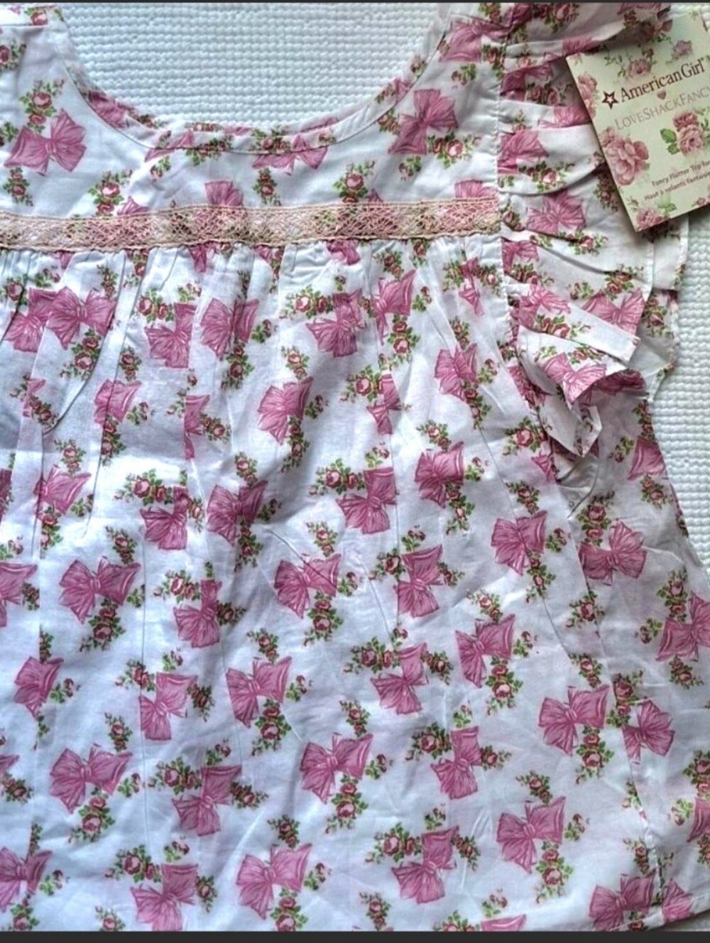 LoveShackFancy White Dress with Pink Bow and Rose Print